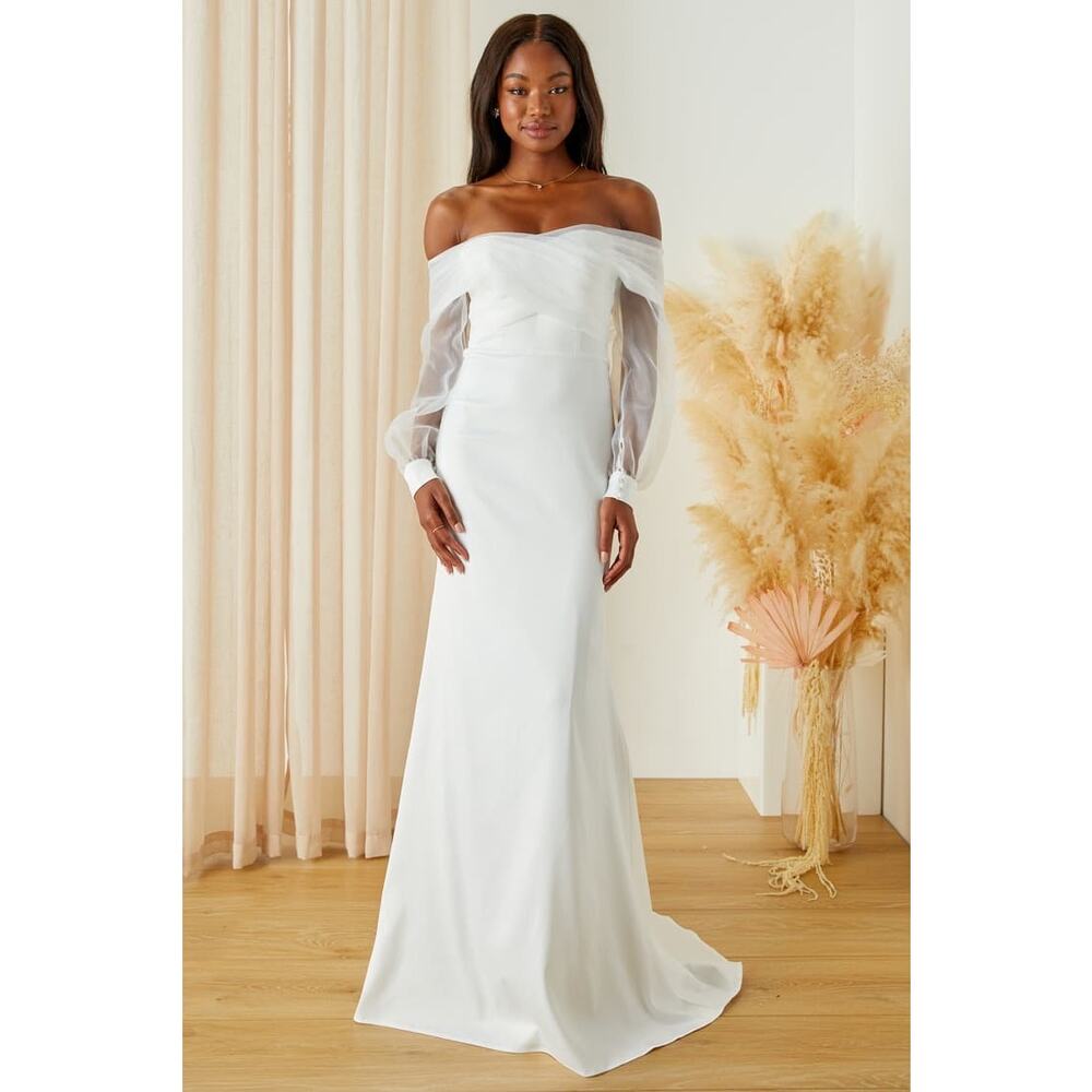 Blissfully Loved White Satin with Organza off the shoulder maxi dress